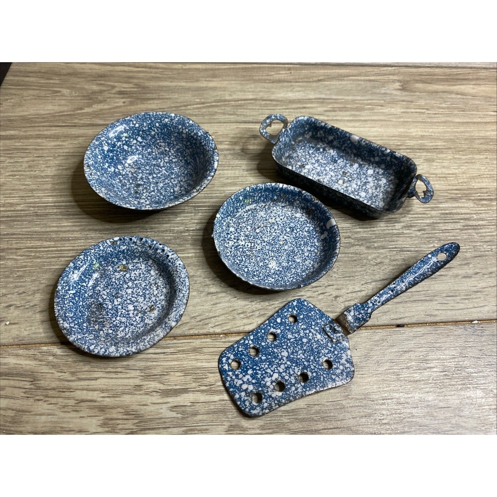 Antique German Doll Kitchen Pans Rare Blue Speckled Granite Ware Bing Marklin
